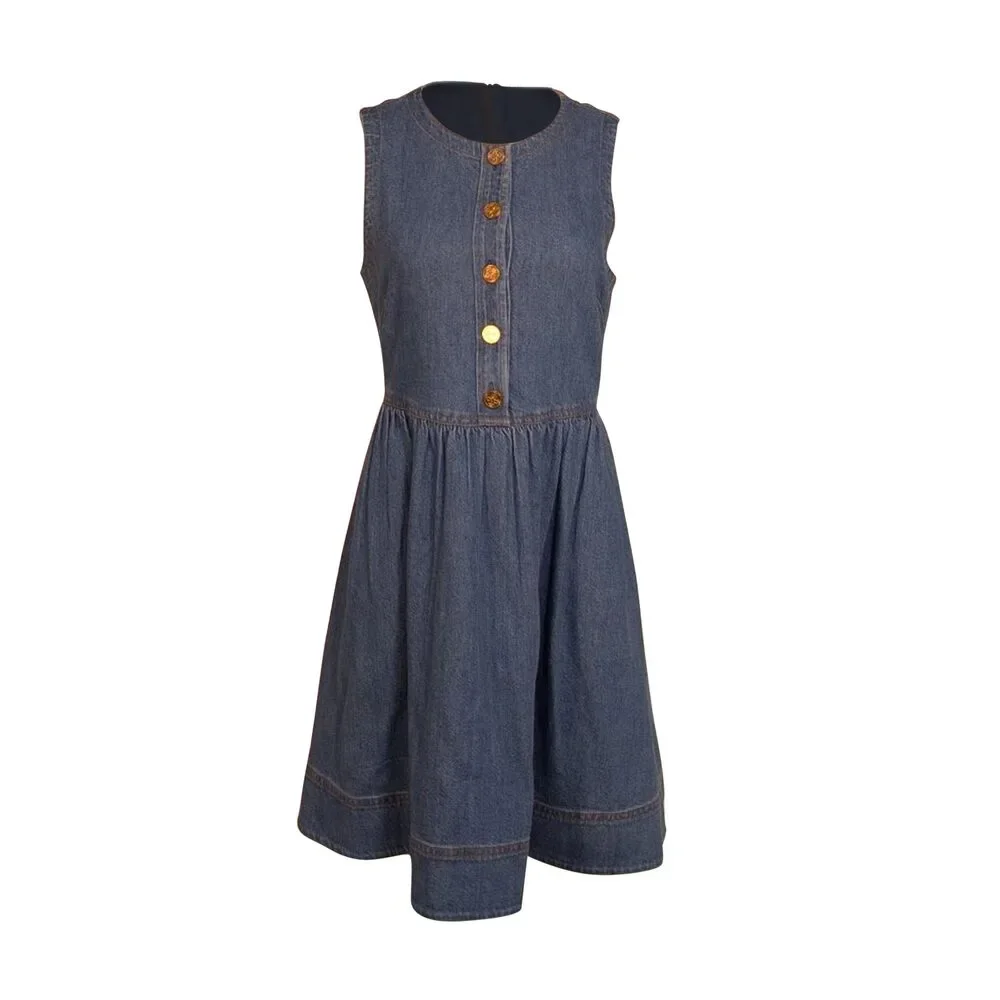 Kate Spade - Blue Medium Wash Denim w/ Gold Bodice Buttons Sleeveless Dress Sz 6